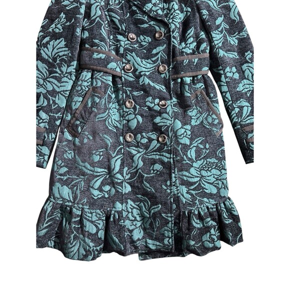 Elevenses Teal Emerald Isle Brocade Ruffled Victorian Puff Sleeve Coat Sz 2 - Picture 5 of 16